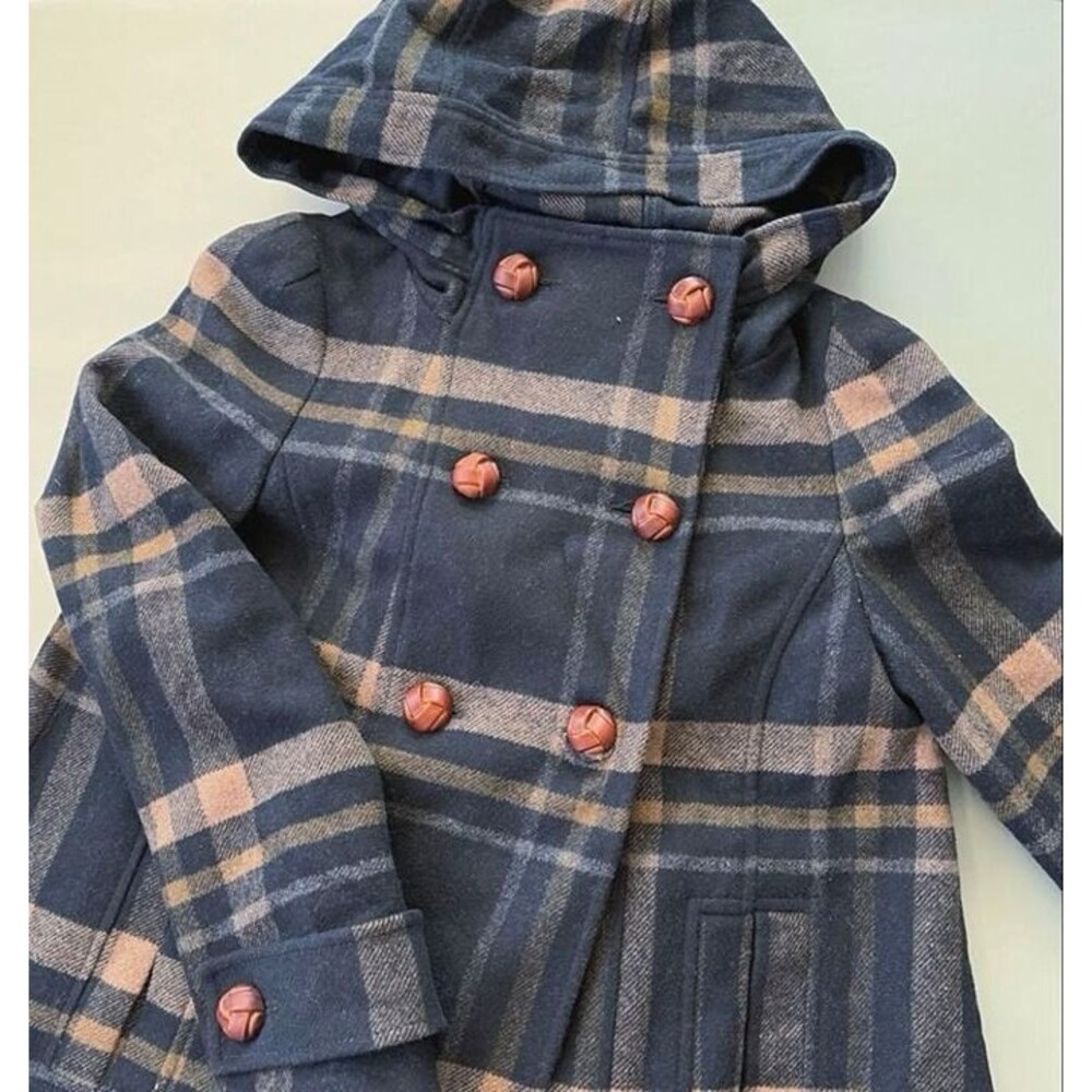 ZARA Size M Navy & Brown Plaid Hooded Coat Double-Breasted